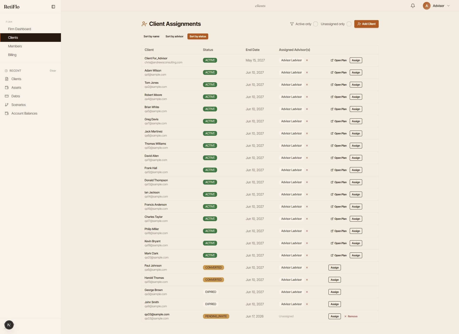 Advisor client management dashboard showing Client Assignments with active, converted, and expired statuses
